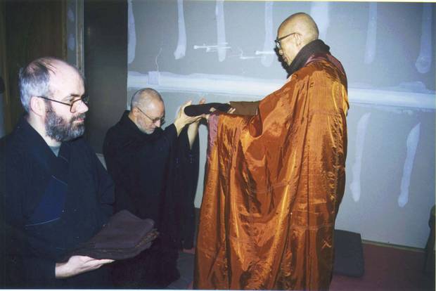 Simon Child with transmission robe, and Chan Master Shengyen presenting robe to Max Kalin