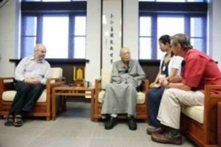 John Crook, Simon Child, and Rebecca li meeting shifu Shengyen at Dharma Drum Mountain