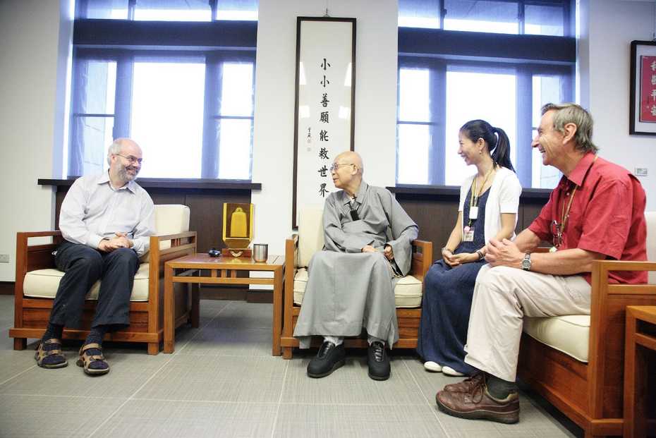 John Crook, Simon Child, and Rebecca li meeting shifu Shengyen at Dharma Drum Mountain